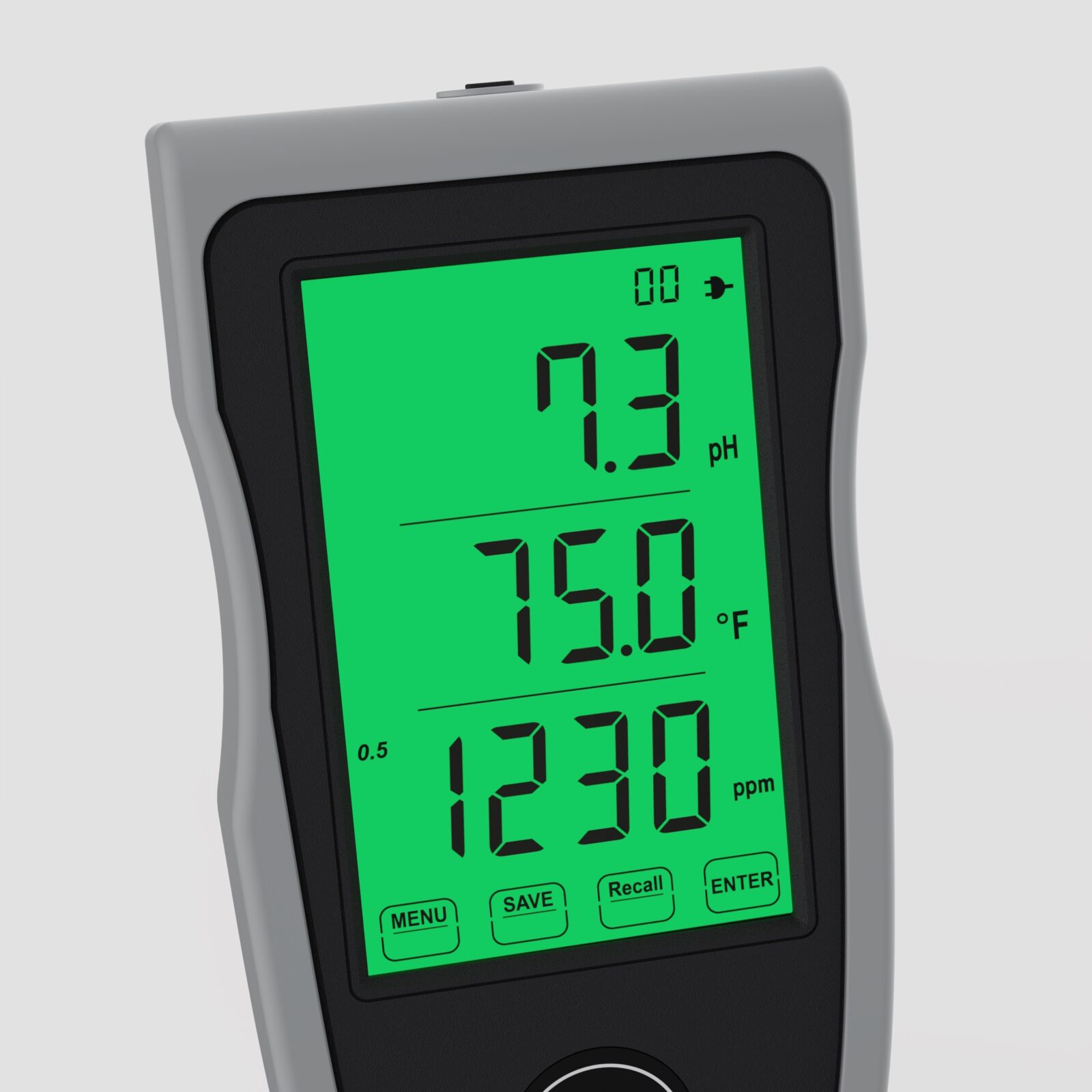 HM-500 green LCD with separate pH, temperature, and TDS readings and four labeled controls.