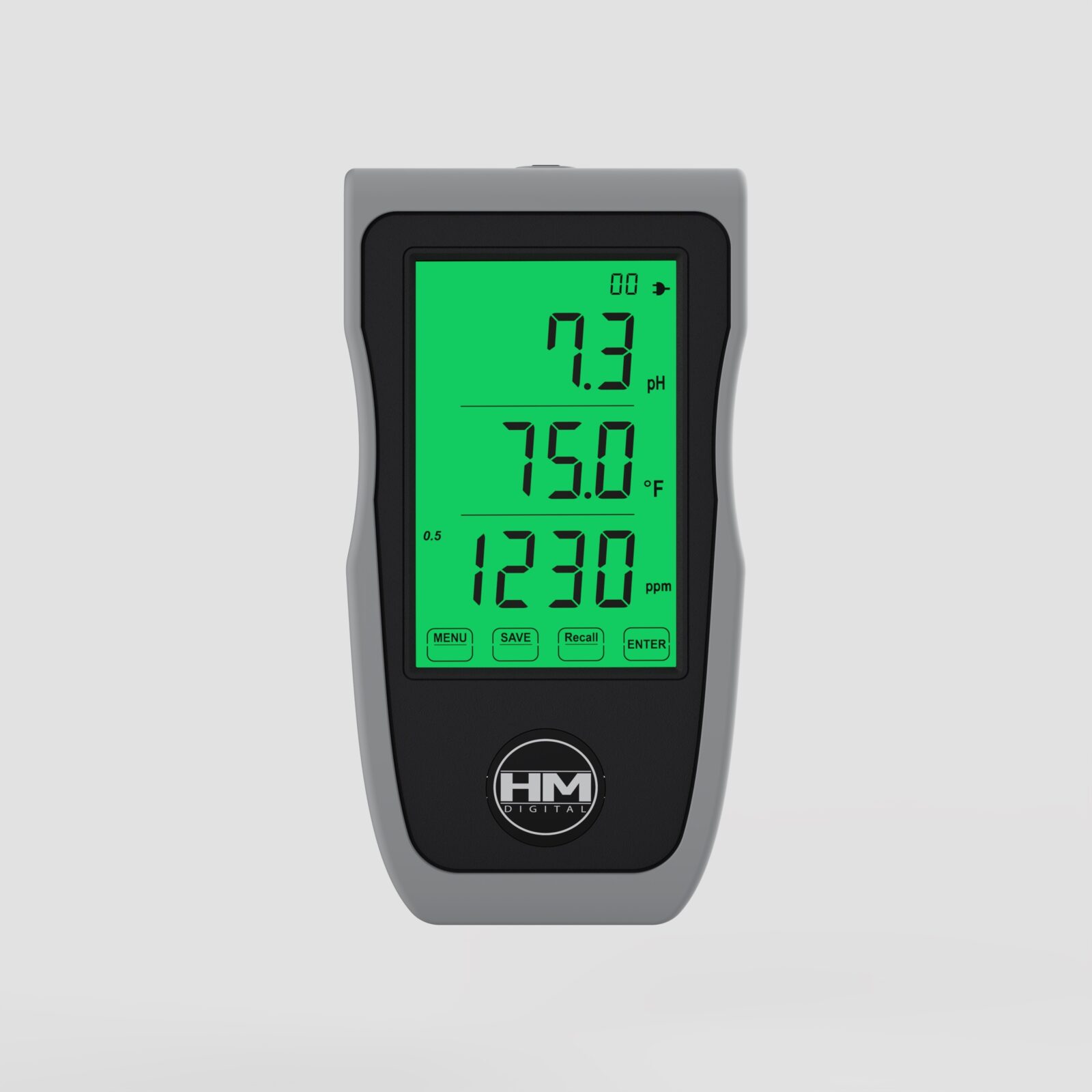 Front view of the HM-500 water-quality monitor with a green LCD, black fascia, and gray silicone sleeve.