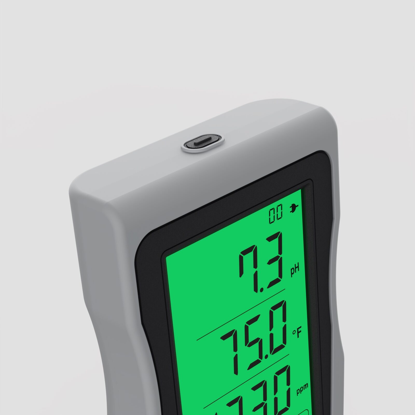 HM-500 gray silicone sleeve, rounded upper housing, and top button beside the green LCD.