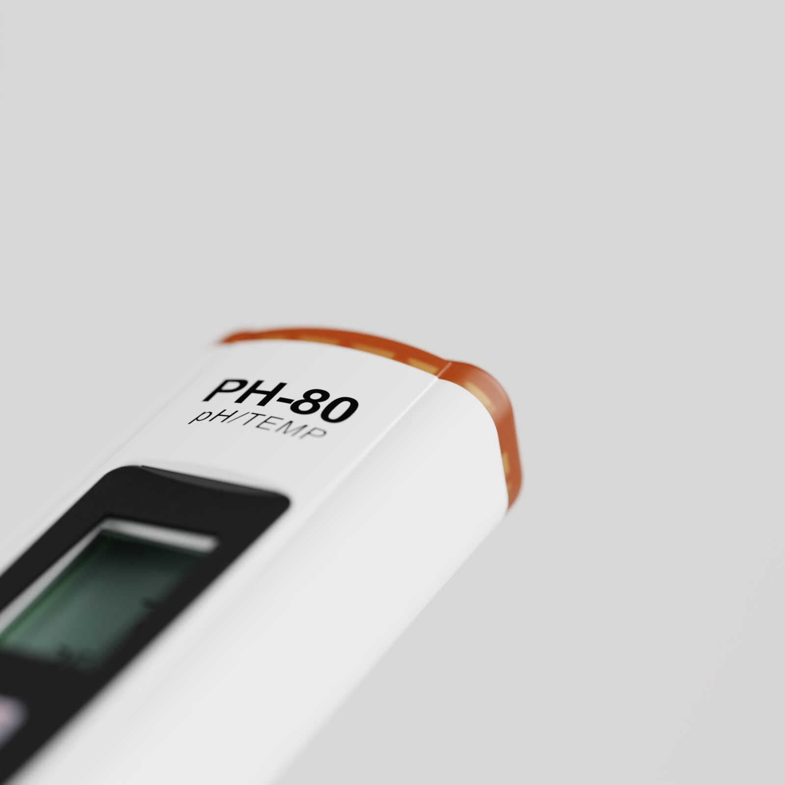 Selective-focus close-up of PH-80 pH/TEMP branding and the rounded upper edge of the white housing.