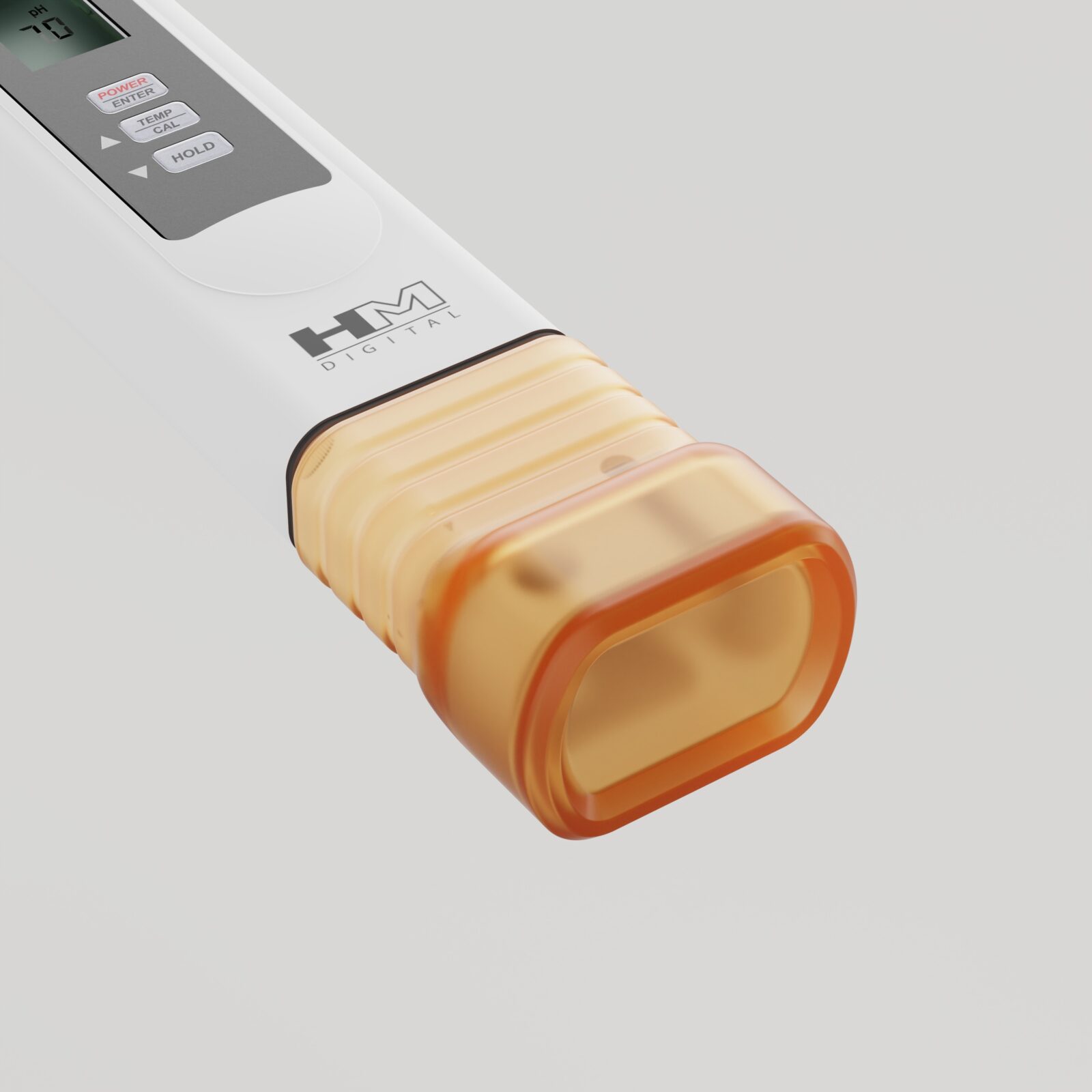 Close-up floating view of the PH-80 ribbed amber cap, fitted opening, and adjacent HM Digital branding.