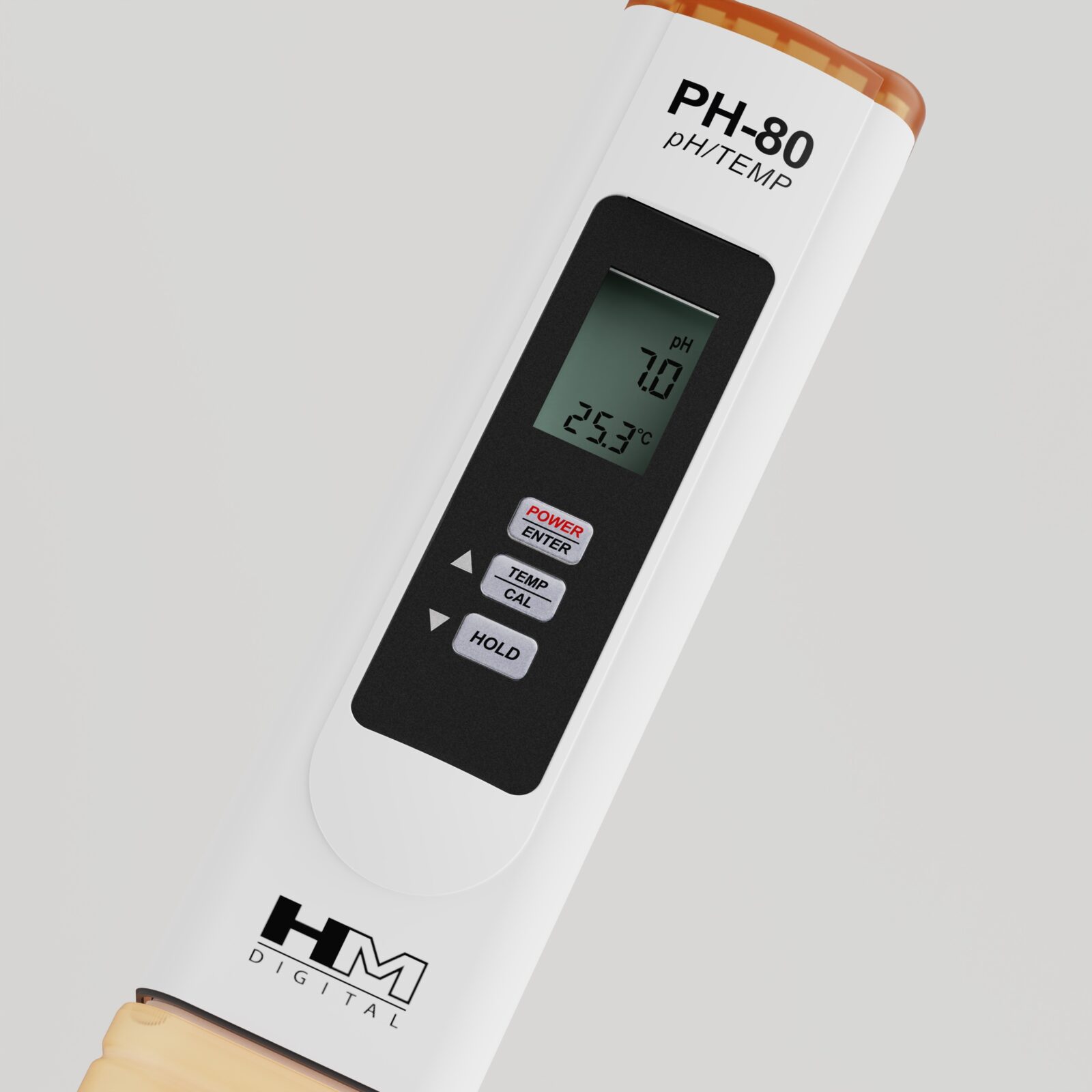 Diagonal floating detail of the PH-80 display and three controls on the satin white body.