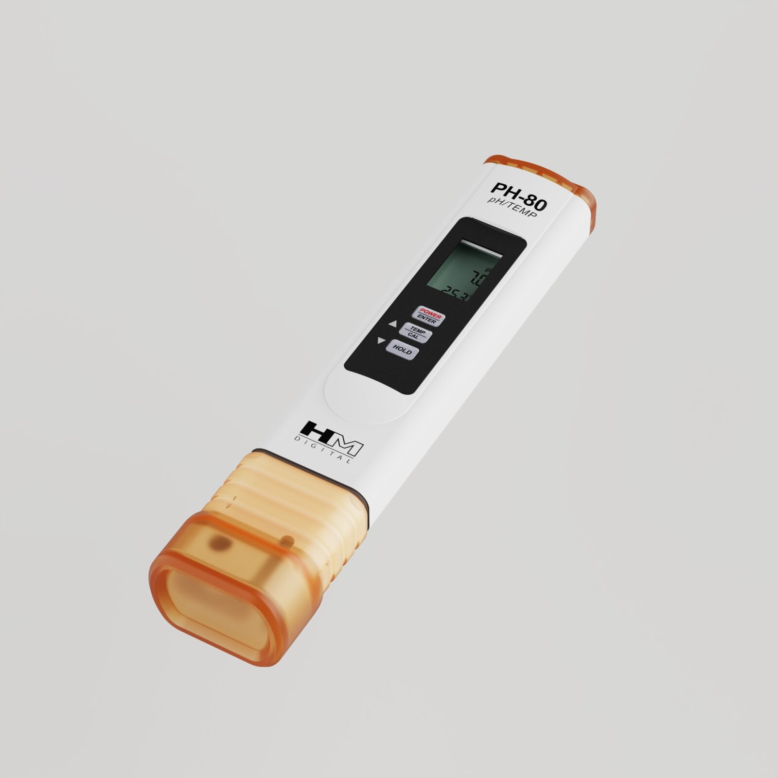 Opposite floating three-quarter view of the PH-80 showing its white housing, controls, and amber cap.