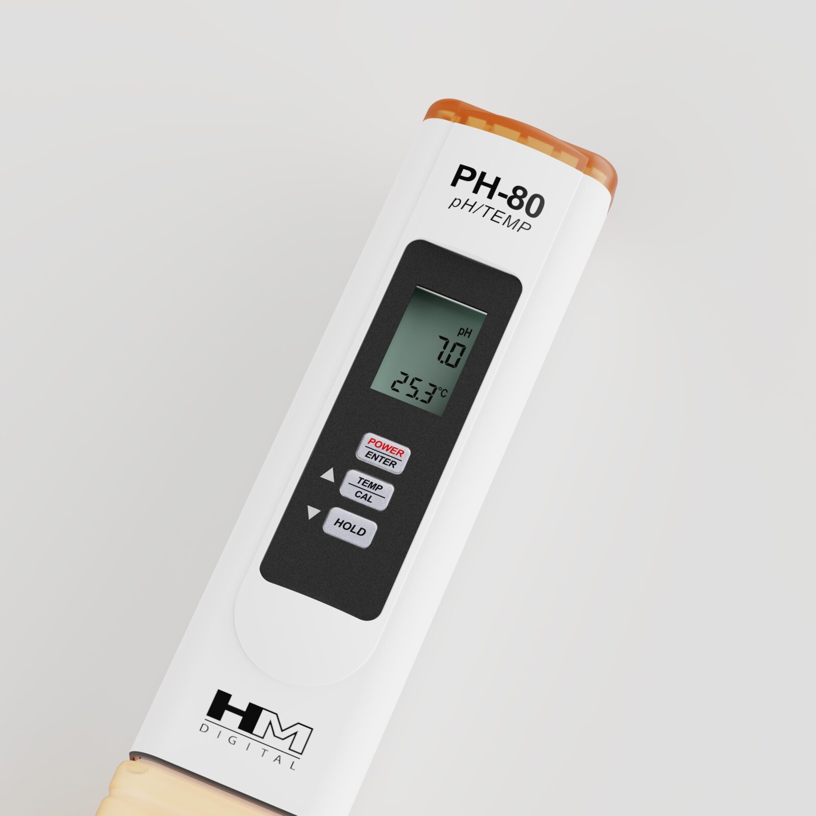 Close-up of the PH-80 LCD and Power, Temp/Cal, and Hold controls on the white housing.