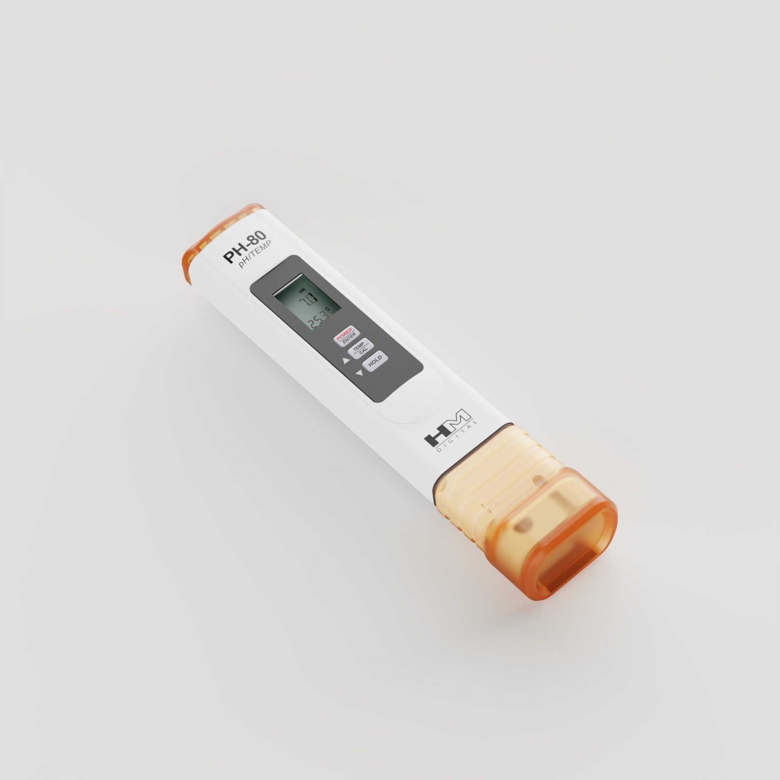 Three-quarter studio view of the PH-80 pH meter with a white body and ribbed amber sensor cap.